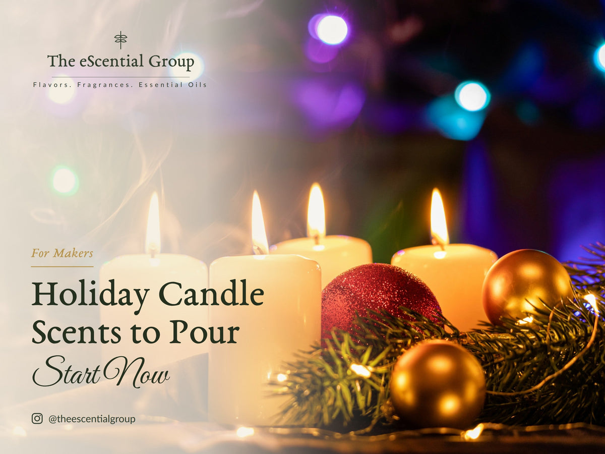 Lit pillar candles with holiday ornaments, evergreen and string lights