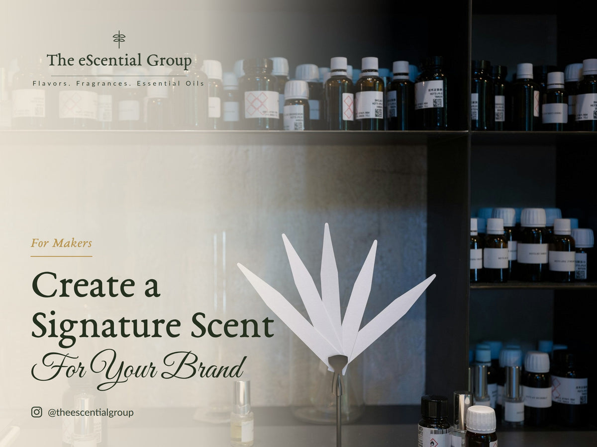 Perfumer workbench with rows of small bottles, glassware and a fan of smelling strips