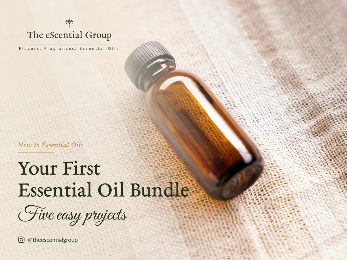 Amber glass essential oil bottle lying on linen cloth